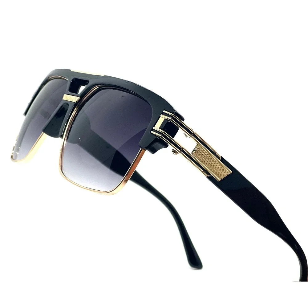 Sunglasses Men Square Frame Gold Top Bar Accent Black Lens Trendy Style‎ Lentes